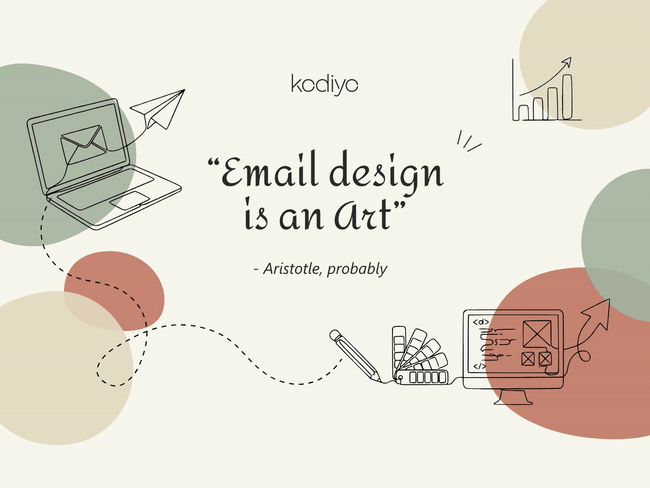 An illustration from kodiyo featuring pastel shapes and line art. A dotted line connects a laptop sending a paper airplane email on the left to a desktop monitor showing design code and wireframes on the right. Central text quotes, 