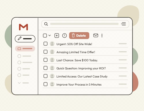 A vector illustration of a stylized email inbox client resembling Gmail. Multiple email entries are selected via checkboxes. The subject lines focus on sales: 