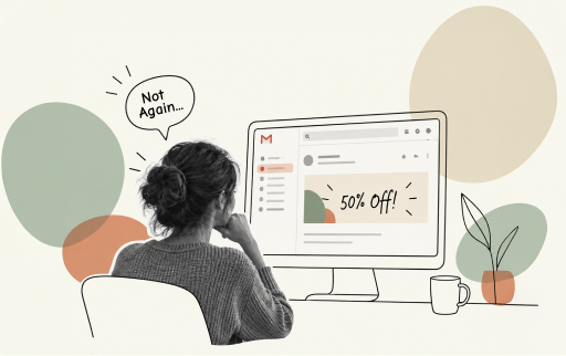 A greyscale photograph of a woman with her hair in a bun viewed from behind, sitting at a desk. She looks at an illustrated desktop monitor displaying an open email in Gmail. The email content is a single banner with stylized shapes and the text, 