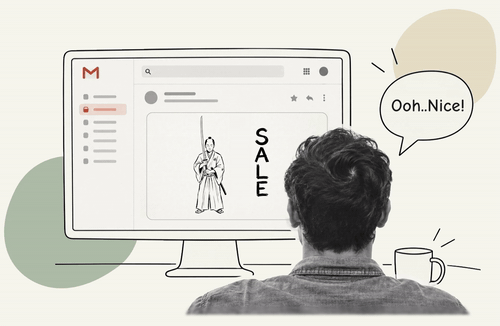 A greyscale photograph of a man viewed from behind, sitting at a desk. He looks at an illustrated desktop monitor displaying an open email in Gmail. The email content features a striking line-art drawing of a traditional Japanese samurai holding a katana vertically, with the vertical word “SALE” beside him. A speech bubble above the man reads, 